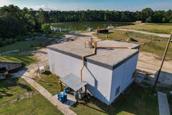 An OMI Ecosorb vapor phase system delivers plant-based odor remover to neutralize odors from a sludge-handling building. An OMI Ecosorb vapor phase system delivers plant-based odor remover to neutralize odors from a sludge-handling building.