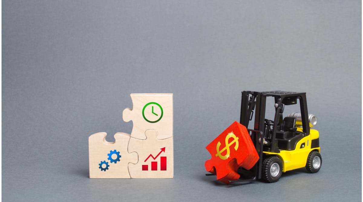 Model forklift holds a red puzzle piece with a dollar sign next to an unfinished puzzle
