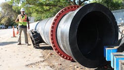 The force main project used unique sizing &mdash; 48-inch and 54-inch HDPE. This photos shows a prefabricated connection for the pipe.