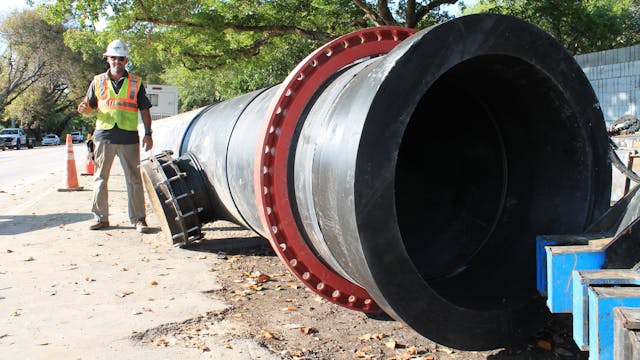 The force main project used unique sizing &mdash; 48-inch and 54-inch HDPE. This photos shows a prefabricated connection for the pipe.