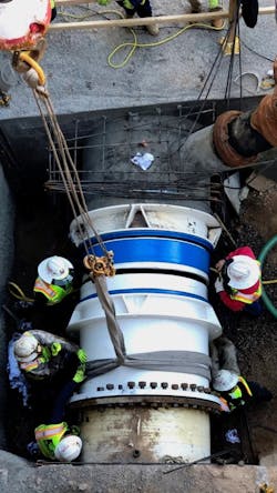 Crews work on a pipe during construction of the Pyramid Peak Water Treatment Plant expansion. Crews work on a pipe during construction of the Pyramid Peak Water Treatment Plant expansion.