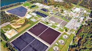 The 10-acre solar farm (top left) installed in 2020 provides around 12% of the plant&rsquo;s energy needs, which significantly impacts the aeration energy expenditure of its equalization basin.