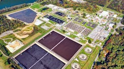 The 10-acre solar farm (top left) installed in 2020 provides around 12% of the plant’s energy needs, which significantly impacts the aeration energy expenditure of its equalization basin. The 10-acre solar farm (top left) installed in 2020 provides around 12% of the plant’s energy needs, which significantly impacts the aeration energy expenditure of its equalization basin.
