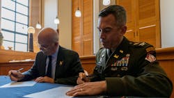 Clarksburg City Manager Steve Pultice, left, and Pittsburgh District Commander Col. Adam Czekanski, right, sign a project-partnership agreement to kickstart a $3 million Section 219 Environmental Infrastructure project in Clarksburg, West Virginia, Clarksburg City Manager Steve Pultice, left, and Pittsburgh District Commander Col. Adam Czekanski, right, sign a project-partnership agreement to kickstart a $3 million Section 219 Environmental Infrastructure project in Clarksburg, West Virginia,