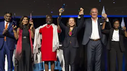 Award winners at the Opening Ceremony of the IWA 2022 World Water Congress & Exhibition, including the Water and Development Awards for Research (Damir Brdjanovic, second from right) and Practice (Africa Sand Dam Foundation, representative on the far right).