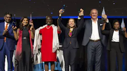 Award winners at the Opening Ceremony of the IWA 2022 World Water Congress & Exhibition, including the Water and Development Awards for Research (Damir Brdjanovic, second from right) and Practice (Africa Sand Dam Foundation, representative on the far right).