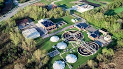 An aerial view of the oxidation ditches as well as the sequencing batch reactors in the top right. An aerial view of the oxidation ditches as well as the sequencing batch reactors in the top right.