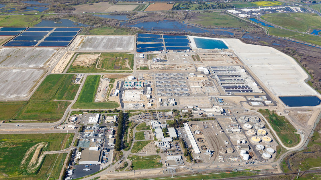 An aerial view of Regional San's EcoWater Resource Recovery Facility, an advanced tertiary wastewater treatment plant serving the greater Sacramento, California area.