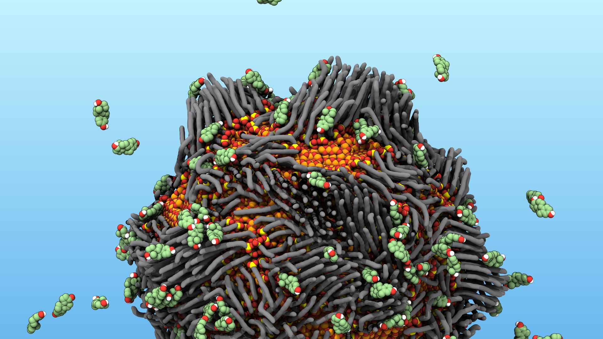 An illustration of the &ldquo;smart rust&rdquo; nanoparticle attracting floating estrogen molecules.