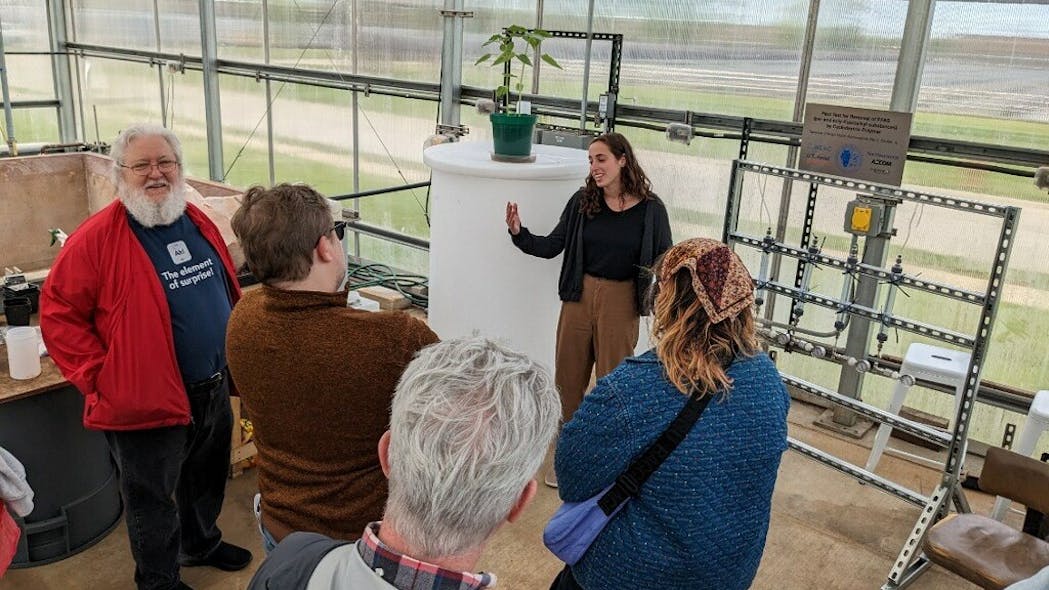 Northwestern University Environmental Engineering Ph.D. candidate Emma Shapiro displays a new study at the MWRD&rsquo;s O&rsquo;Brien Water Reclamation Plant to visitors during a recent open house.