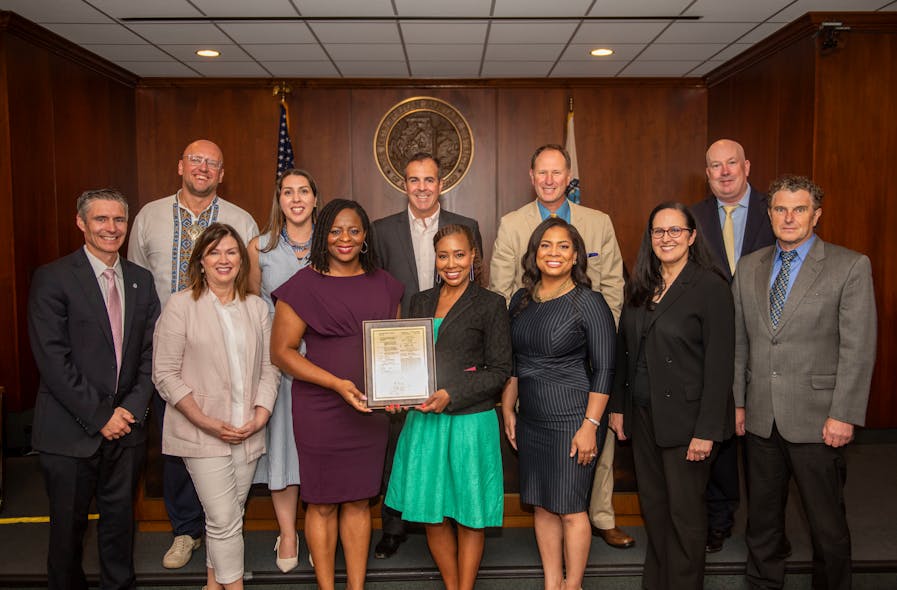 MWRD commissioners and executive staff display a plaque commemorating a United States patent the agency earned for inventing technology with partners from the Iowa State University Research Foundation, to remove dissolved solids from wastewater through an algae recovery system. MWRD commissioners and executive staff display a plaque commemorating a United States patent the agency earned for inventing technology with partners from the Iowa State University Research Foundation, to remove dissolved solids from wastewater through an algae recovery system.