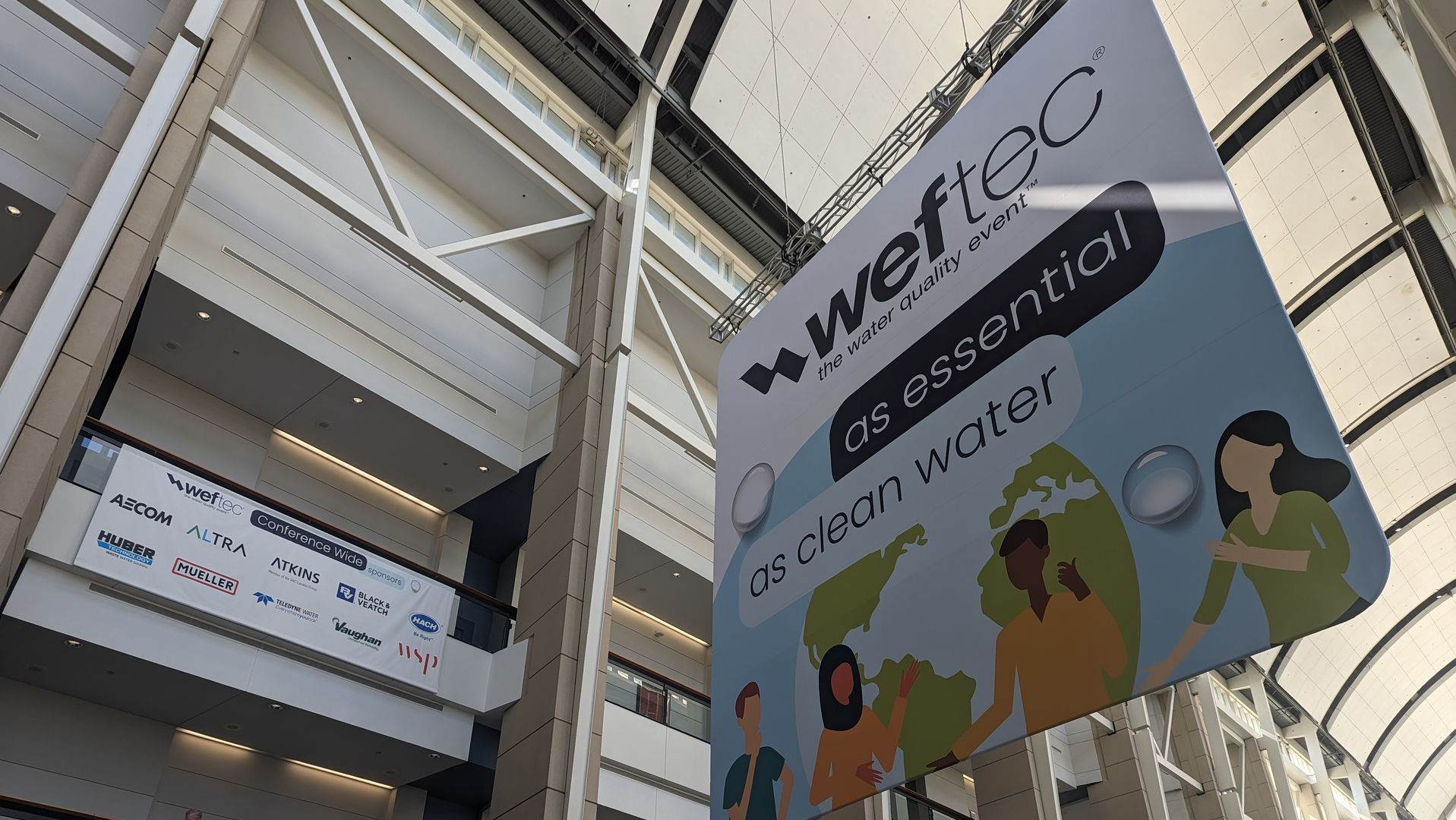 A hanging banner in the entrance corridor of McCormick Place in Chicago for WEFTEC 23 where industry vendors show case new products and technologies, engineering experts presented their latest research and projects, and thought leaders discussed the direction of the water and wastewater industry.
