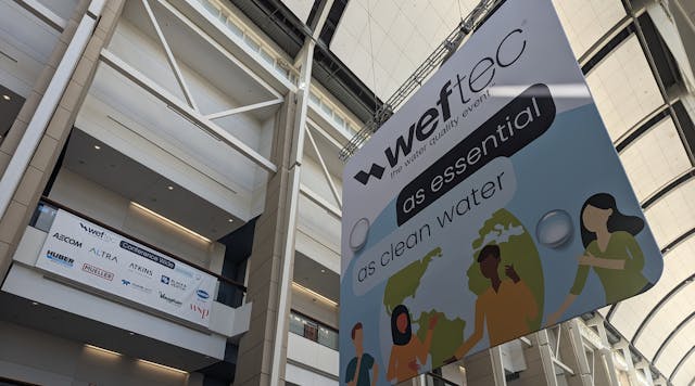 A hanging banner in the entrance corridor of McCormick Place in Chicago for WEFTEC 23 where industry vendors show case new products and technologies, engineering experts presented their latest research and projects, and thought leaders discussed the direction of the water and wastewater industry.