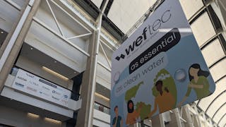A hanging banner in the entrance corridor of McCormick Place in Chicago for WEFTEC 23 where industry vendors show case new products and technologies, engineering experts presented their latest research and projects, and thought leaders discussed the direction of the water and wastewater industry.