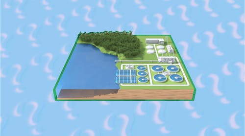 Isometric view of an isolated treatment plant in a sea of questionmarks.