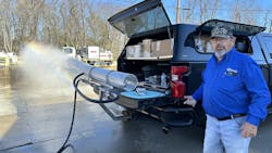 A very high-efficiency Tier-3 nozzle running 60 gallons a minute at 2,000 PSI will impact a plate nine feet away with 98 pounds of force. A very high-efficiency Tier-3 nozzle running 60 gallons a minute at 2,000 PSI will impact a plate nine feet away with 98 pounds of force.