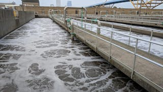 An example of an aeration basin &mdash; identifiable from the small air bubbles rising to the top of the liquid in the tank &mdash; at the Jones Island Water Reclamation Facility in Milwaukee, Wisconsin.
