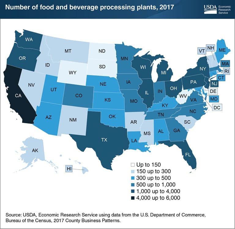 A visualization of the number of food and beverage processing plants across the U.S., according to data from the U.S. Department of Commerce, Bureau of the Census and 2017 Count Business Pattersn and reported by USDA.