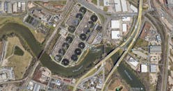 A screengrab from Google Maps shows the 69th Street water treatment plant in Houston, Texas, sitting along Buffalo Bayou.