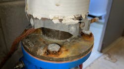 The condition of grounding electrode conductors is critical to grounding system performance. Here, one can see corrosion on the pipe clamp &amp; other surfaces.
