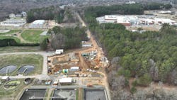 The HDPE pipe was laid out and fused into one continuous pipe for the Mount Holly pipe installation. Photo credit: Strauss Studios The HDPE pipe was laid out and fused into one continuous pipe for the Mount Holly pipe installation. Photo credit: Strauss Studios