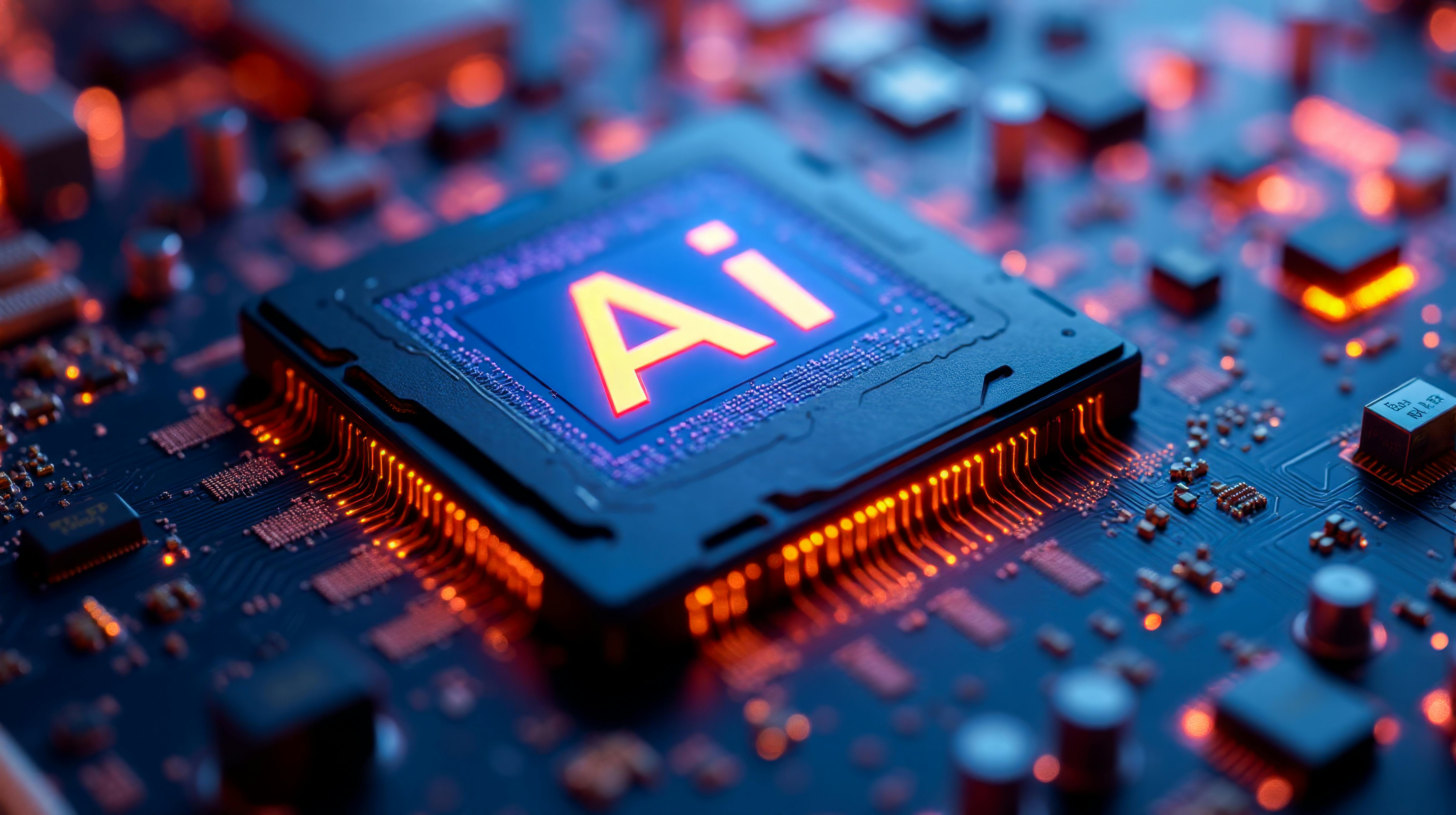 Orange light glows from the pins of a processing unit attached to a deep navy circuit board, the letters Ai shining brightly from the center of the processor.