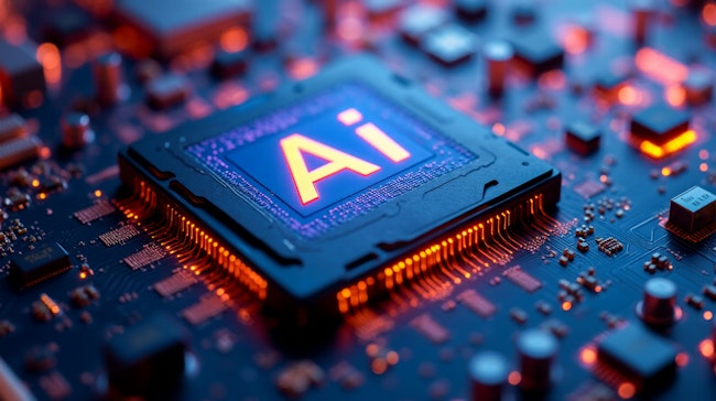 Orange light glows from the pins of a processing unit attached to a deep navy circuit board, the letters Ai shining brightly from the center of the processor.