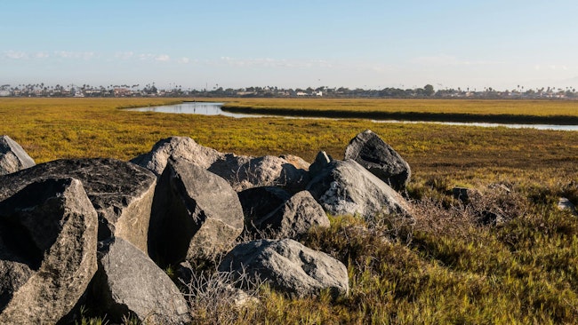 Boulders on the Tijuana River National Estuarine Research Reserve in the morning light in San Diego, California.