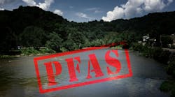 Red PFAS ( Forever Chemicals ) stamp with a river in the background Red PFAS ( Forever Chemicals ) stamp with a river in the background