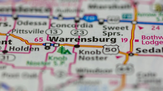 Warrensburg Missouri USA shown on a road map