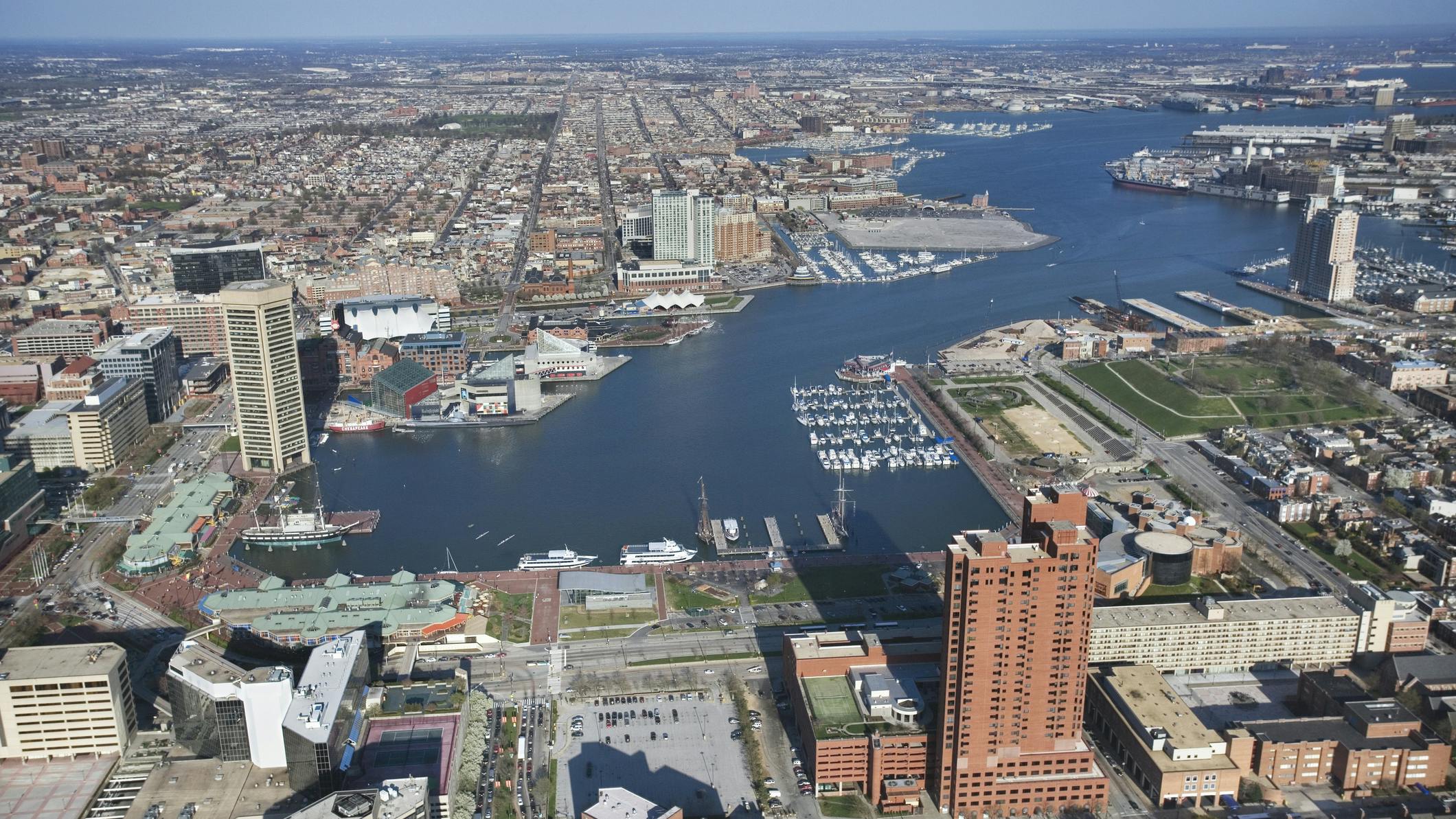 Aerial view of the Inner Harbor in Baltimore, Maryland