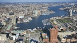 Aerial view of the Inner Harbor in Baltimore, Maryland Aerial view of the Inner Harbor in Baltimore, Maryland