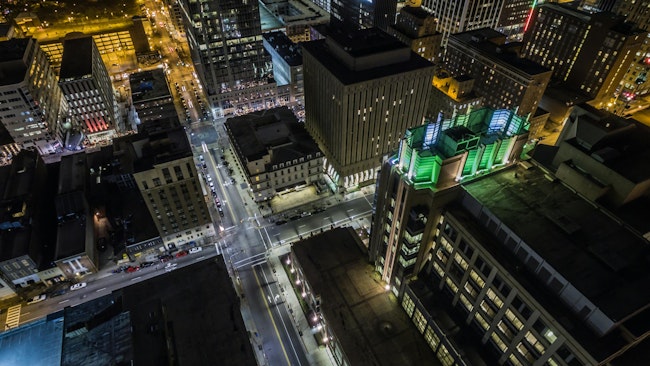 Aerial view of downtown Raleigh, NC in December.