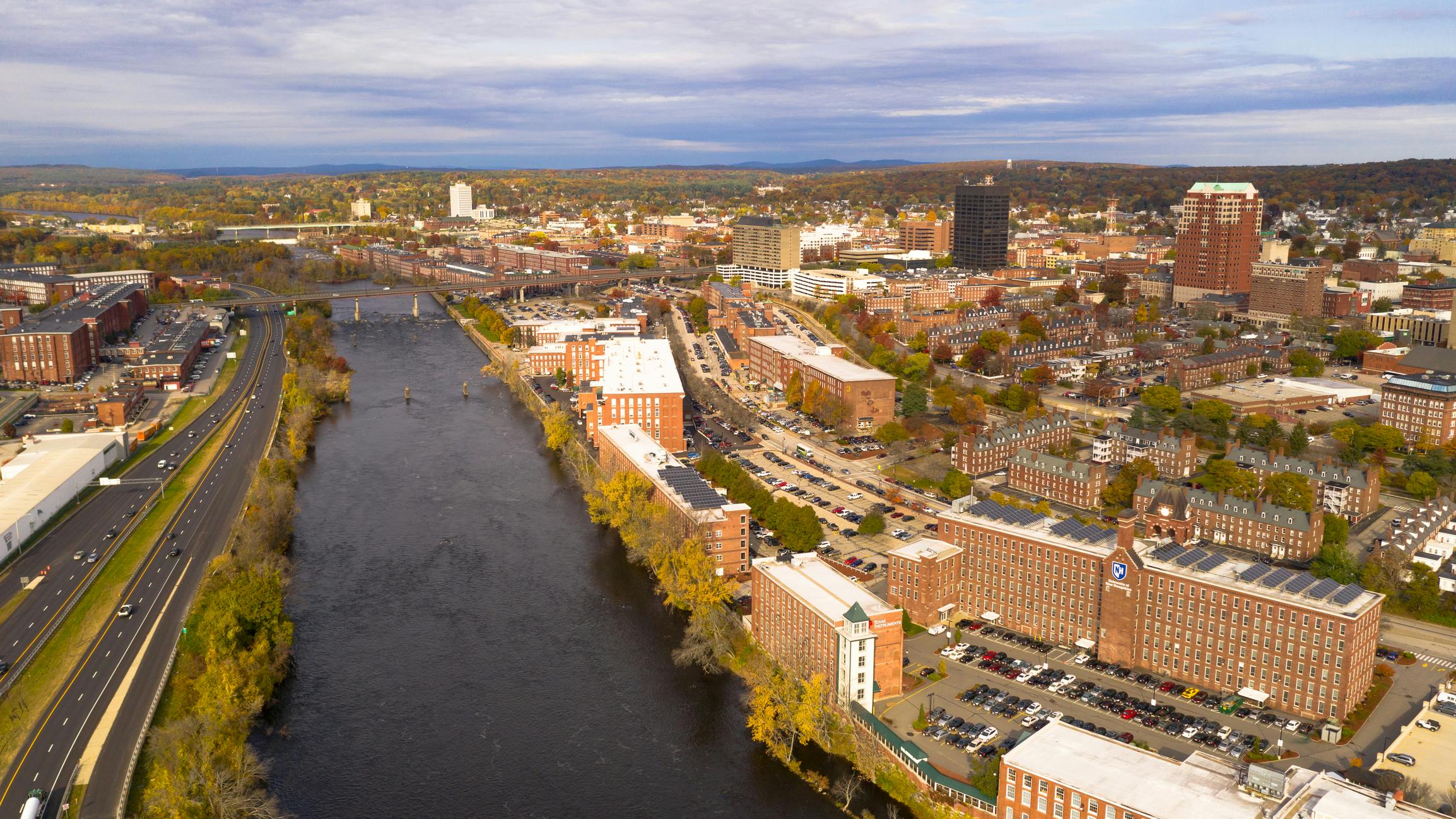 highway runs next to the Merrimack River in the downtown urban core of Manchester New Hampshire