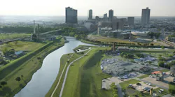 Aerial view of Fort Worth, Texas with view of Trinity River and skyscrapers