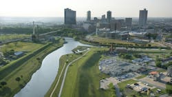 Aerial view of Fort Worth, Texas with view of Trinity River and skyscrapers Aerial view of Fort Worth, Texas with view of Trinity River and skyscrapers