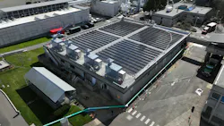 A view of the solar panels and HVAC system upon completion of the Budd Inlet Treatment Plant project that upgraded an aging plant by integrating renewable energy strategies with energy efficient technology that would also achieve compliance targets.
