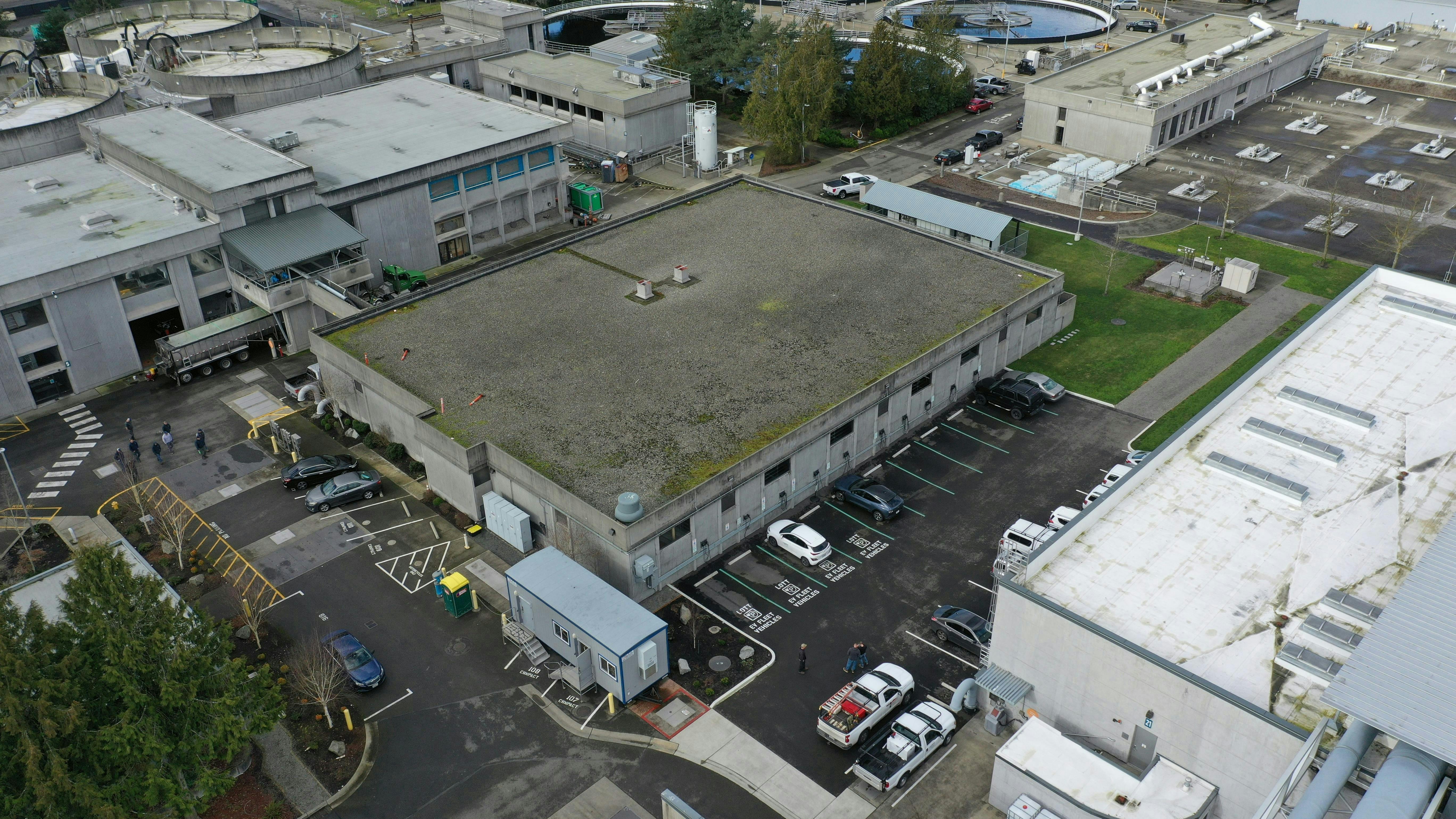 A view of the Budd Inlett Treatment Plant roof prior to the start of construction and upgrades where solar panels would be installed for onsite electric vehicle charging.