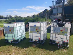 In trialing the peracetic acid process, perastaltic pumps fed peracetic acid from three three chemical tones of 300 gallons each into the collection pipe upstrea of the disinfection chamber. In trialing the peracetic acid process, perastaltic pumps fed peracetic acid from three three chemical tones of 300 gallons each into the collection pipe upstrea of the disinfection chamber.