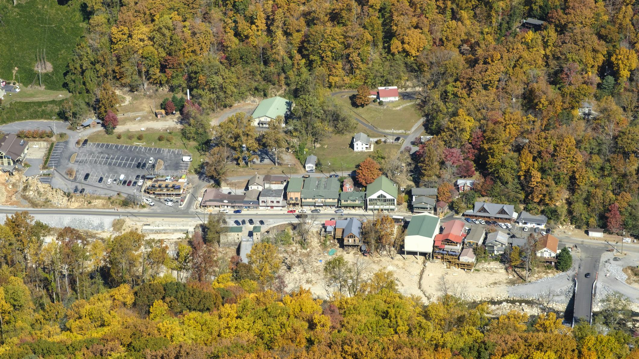 Aerial view of Chimney Rock Village following Hurricane Helene in the fall