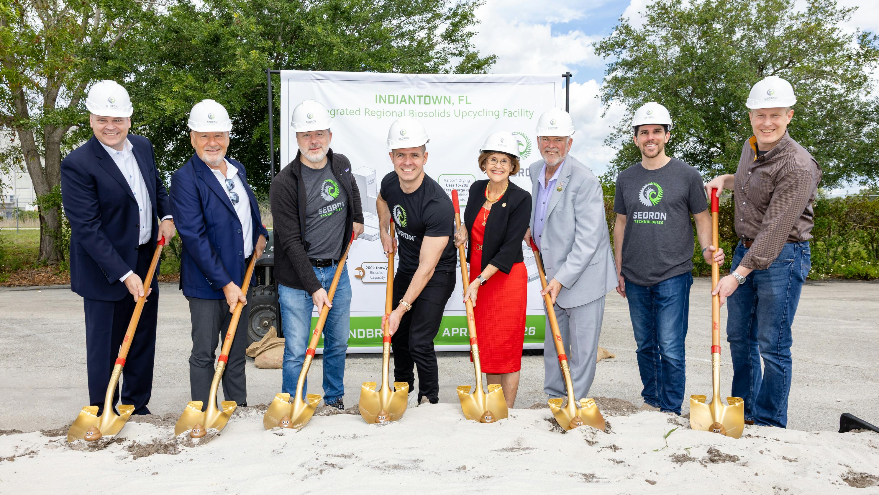 Groundbreaking ceremony for the Indiantown Upcycling Facility took place on April 23, 2026. Picture from left to right: Ken Sigman, Ara Partners; Bob Preston, Synagro; Geoff Trukenbrod, Sedron; Stanley Janicki, Sedron; State Senator Gayle Harrell; Mayor Carmine Dipaolo; Dave Galey, Sedron; and Matt Parsons, Sedron (Photo credit: Tracey Benson Photography).