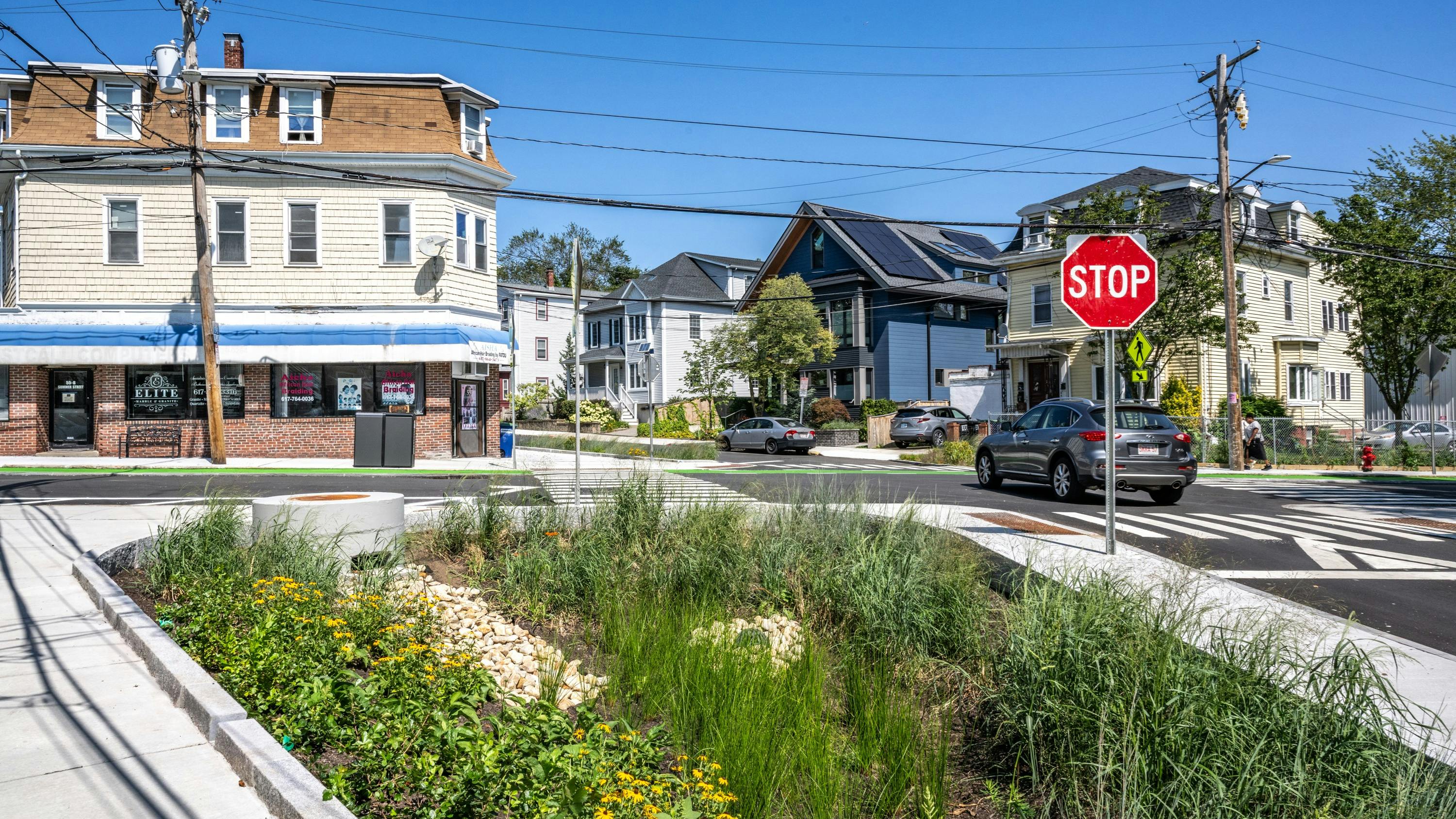Green infrastructure includes solutions that mimic nature such as rain gardens, bio-swales, green roofs, and detention ponds.
