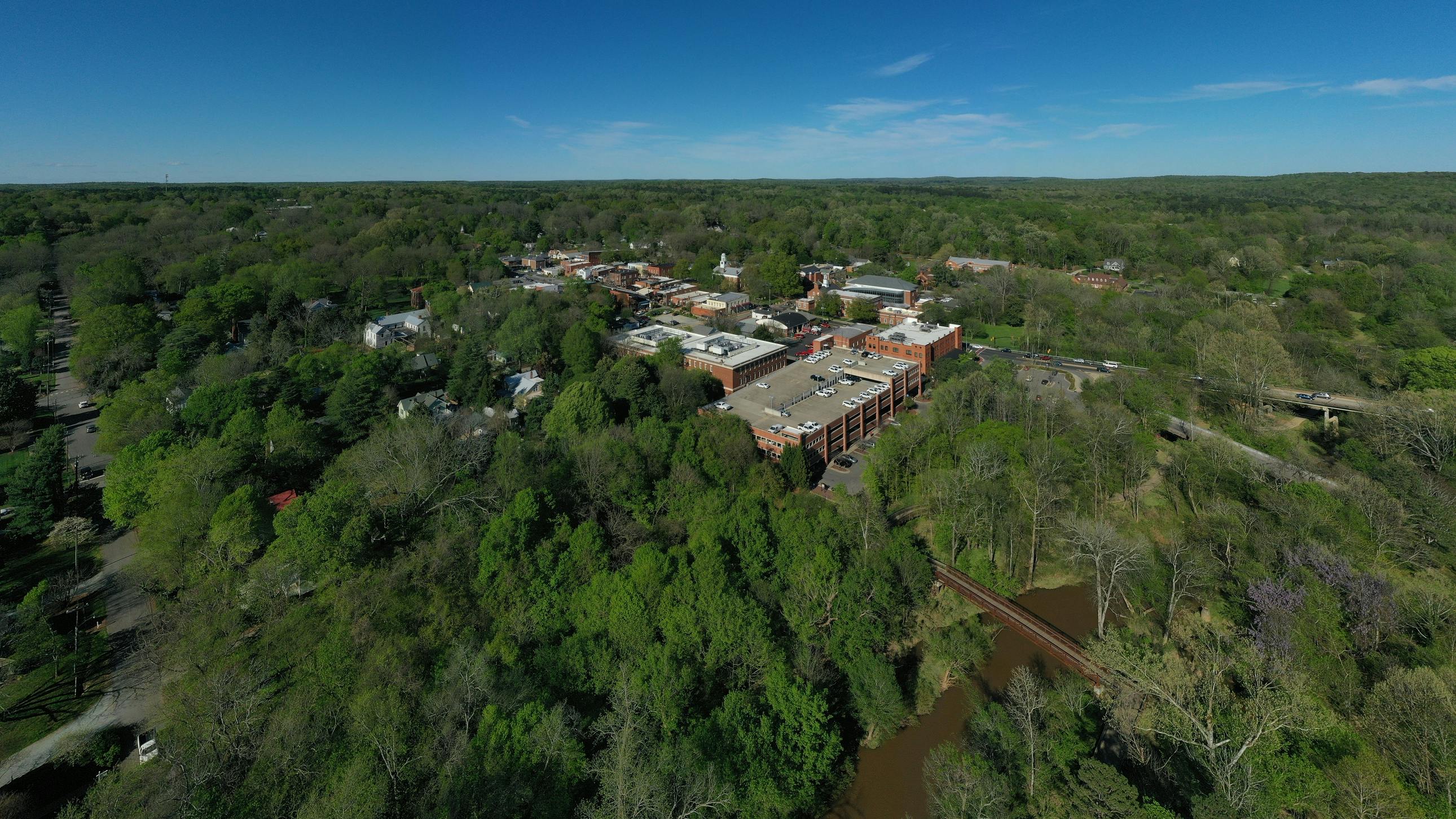 The town of Hillsborough, North Carolina from above on clear summer day