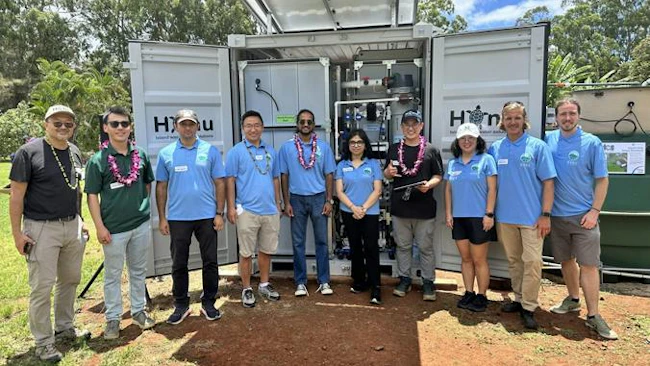 Principal investigator Daniel Yeh and co-principal investigator Zhiyue Wang with Water Resources Research Center and Honu Hub team members at the Wastewater Innovation Tech Showcase (Photo and caption credit: University of Hawai'i).