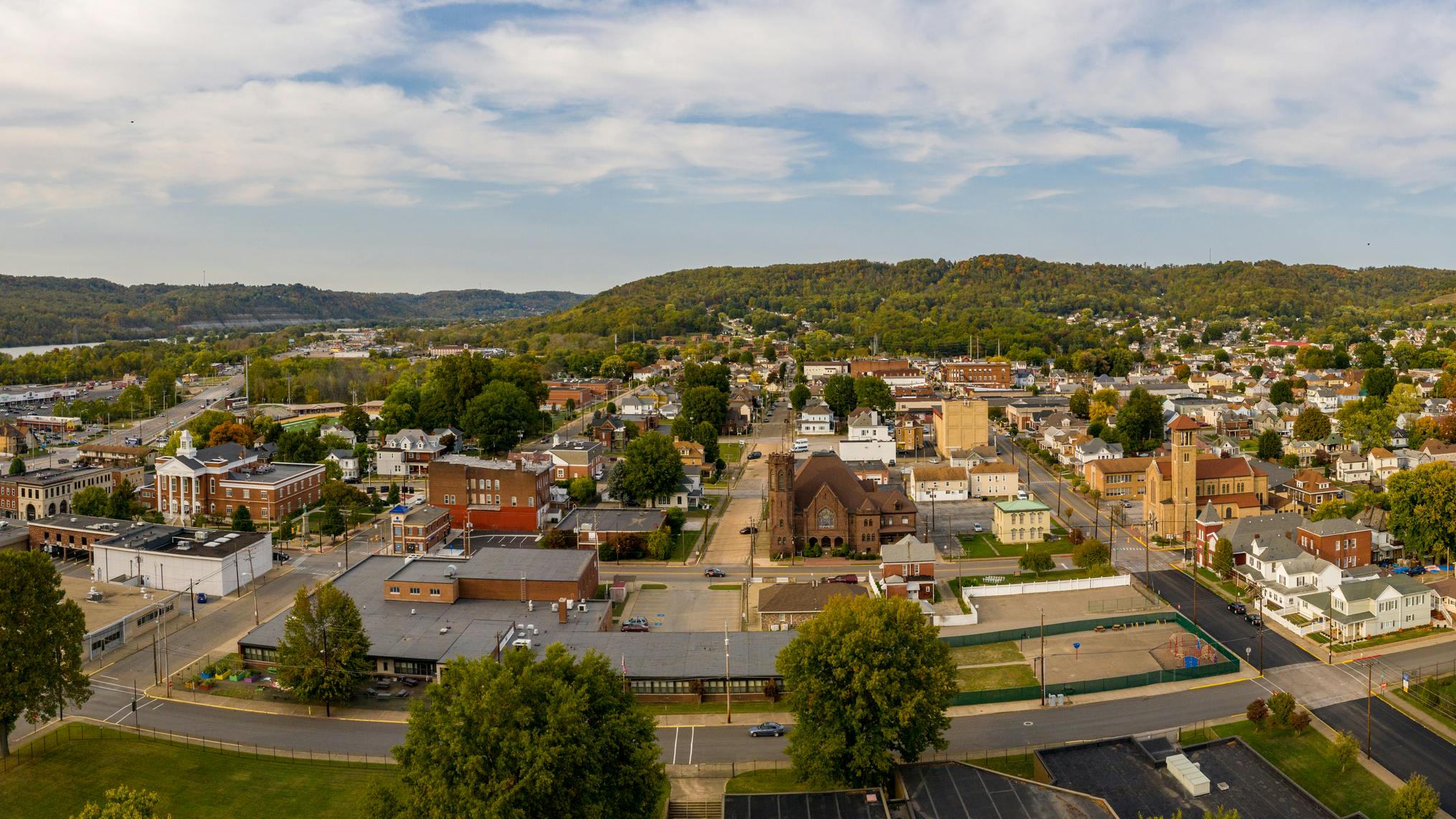 Aerial panorama of the city of Moundsville in West Virginia