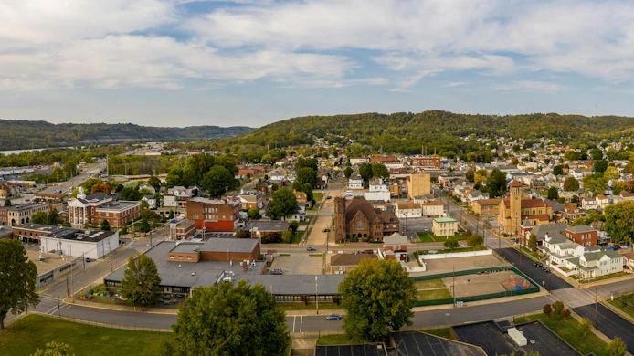 Aerial panorama of the city of Moundsville in West Virginia