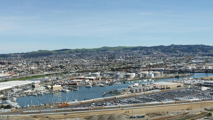 An aerial panoramic view of ship building factories, car manufacturing plants and oil refineries, in Richmond, California