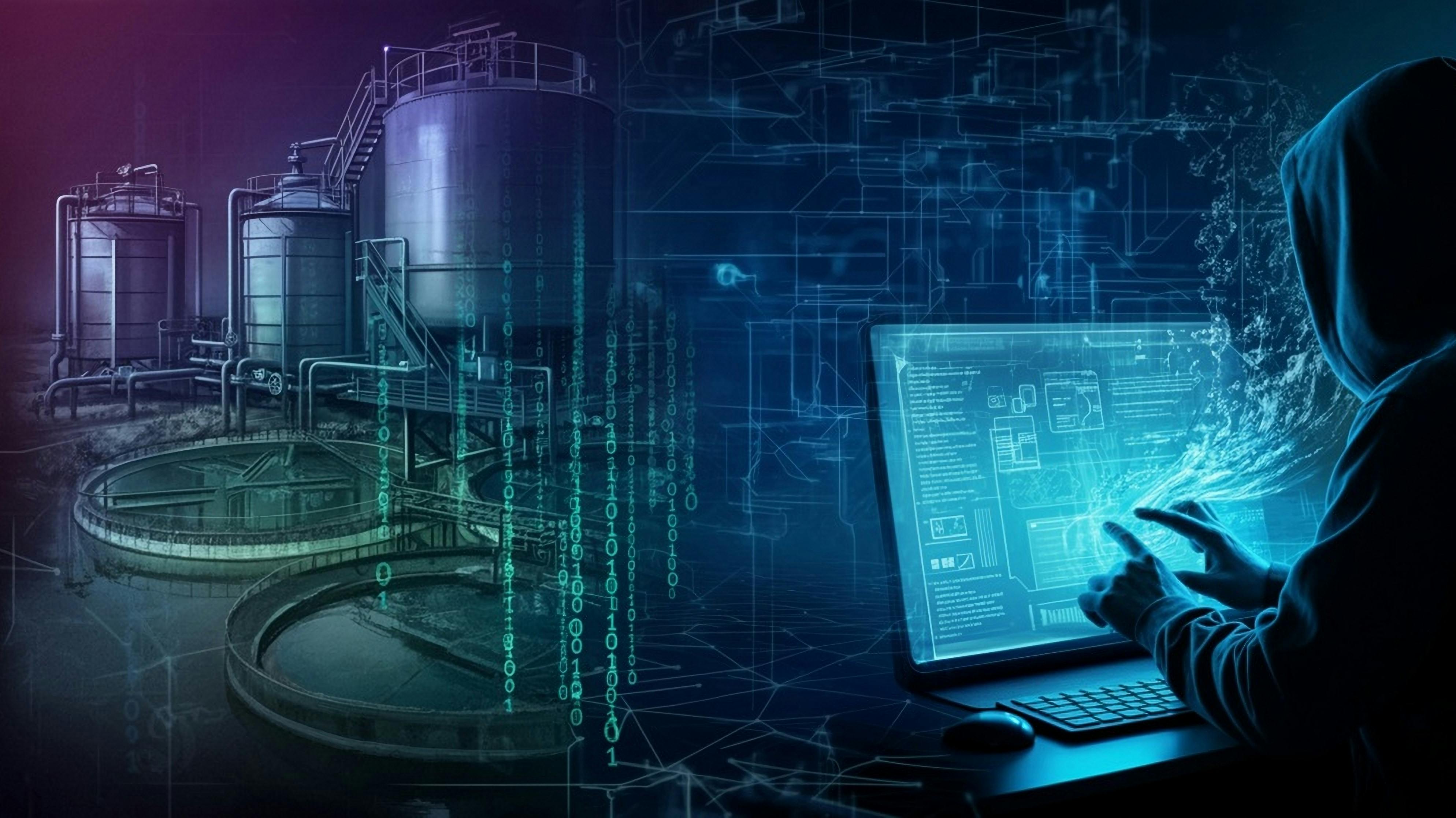 Water system cybercrime, with hacker in foreground and wastewater system in background. This content was generated by Shutterstock AI by an Artificial Intelligence (AI) system. This generation is public.