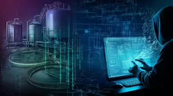 Water system cybercrime, with hacker in foreground and wastewater system in background. This content was generated by Shutterstock AI by an Artificial Intelligence (AI) system. This generation is public.
